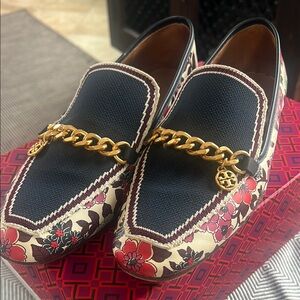 Tory Burch Navy and Gold Floral Chain Loafers